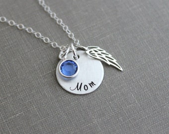 Sterling silver angel wing memorial necklace with name or Mom,  Crystal Birthstone, Loss Sympathy necklace, Remembrance  Necklace