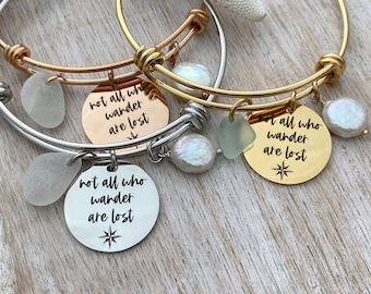 not all who wander are lost bracelet - engraved stainless steel adjustable beach bangle - genuine sea glass charm -  freshwater coin pearl