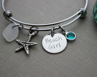 beach girl, stainless steel adjustable bangle bracelet , pewter starfish charm, genuine sea glass,  crystal birthstone Gift for her