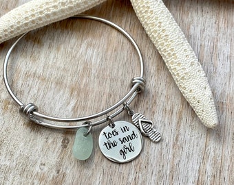 toes in the sand girl, stainless steel adjustable beach bangle bracelet flip flop bracelet - genuine sea glass bangle - gift for beach lover