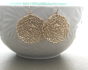 Golden Mesh Nest Earrings - Large circle dangle earrings - Modern Bohemian Earrings - Summer Jewelry - gold dangles