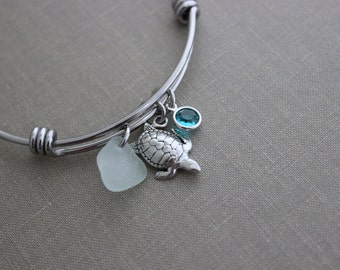 Sea Turtle Charm Bracelet - stainless steel adjustable beach bangle bracelet genuine sea glass  crystal birthstone gift for friend