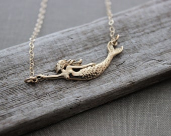 Mermaid Necklace - Gold filled cable chain with bronze sideways mermaid charm - simple beach jewelry - birthday gift for her