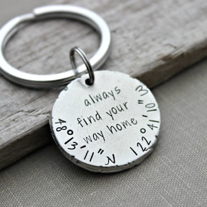 always find your way home - custom GPS coordinates keychain - latitude and longitude - gift idea for him - silver thick pewter coin