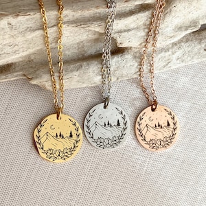 Mountains and tree floral scene Necklace - Birthday Gift for her - Stainless steel silver, rose gold, gold - gift for outdoor lover moon