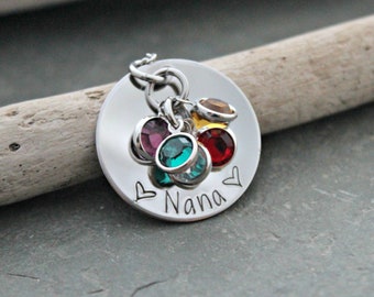Personalized Grandma necklace, silver tone stainless steel, granny, nana, mom necklace with crystal birthstones custom any name Mother's Day