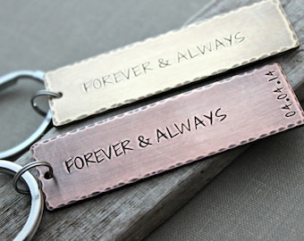 Forever and always including date, Copper or Bronze Hand Stamped Keychain, Long Rectangle, Antiqued rustic style, Gift Idea for Husband