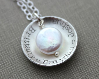 Sterling Silver name Necklace - Cupped Disc with Freshwater coin pearl and personalized names - Gift for Grandma - Nana - Mom jewelry