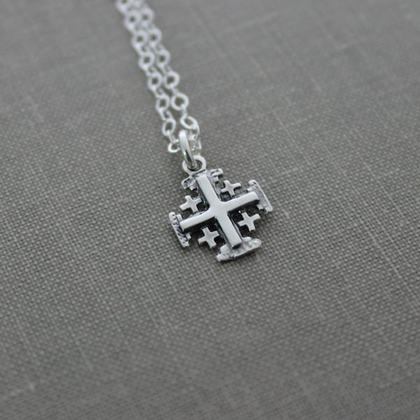 Sterling Silver Jerusalem Cross Charm Necklace - Sterling silver cable chain - Religious Faith Necklace - Simple - Minimalist Tiny