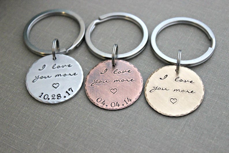 I love you more keychain with date aluminum copper or bronze | Etsy