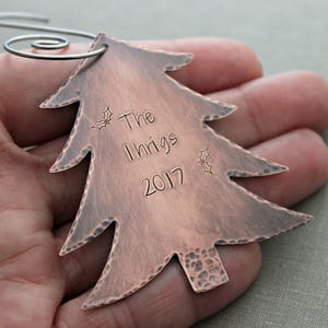 Rustic Copper Christmas Tree Ornament Personalized with Family name and Year Holly design Custom Made to order Gift idea new couple image 3