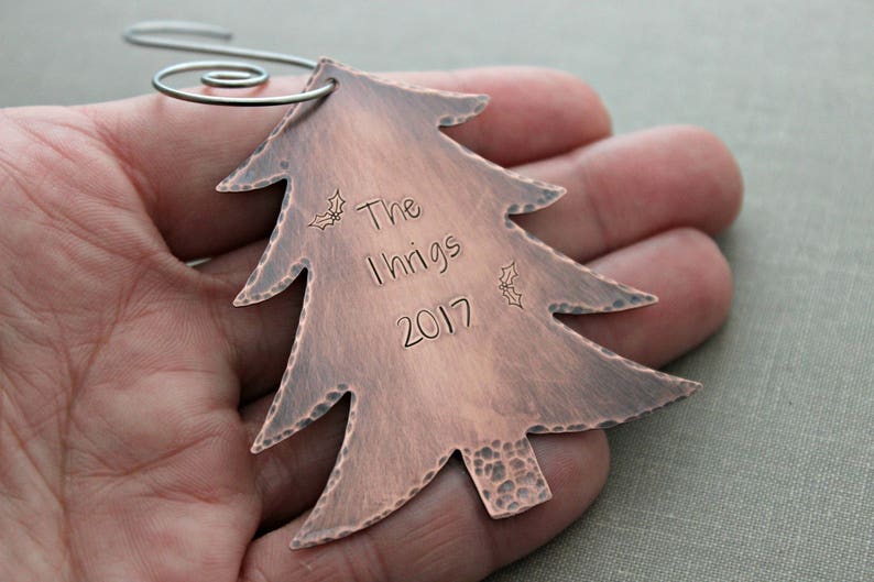 Rustic Copper Christmas Tree Ornament Personalized with Family name and Year Holly design Custom Made to order Gift idea new couple image 3