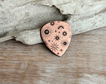 Rustic textured Copper Guitar Pick with Celestial scene, Playable, 24 gauge, Gift idea for him, Anniversary gift, Ready to ship, moon star