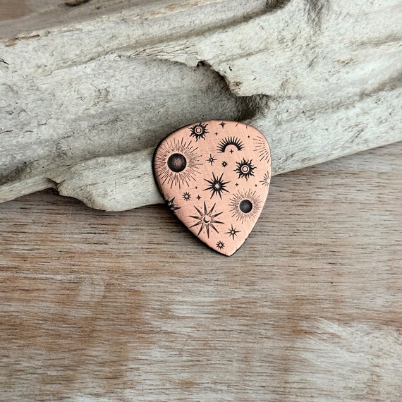 Rustic Textured Copper Guitar Pick With Celestial Scene Playable