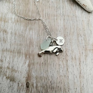 Sterling Silver Manatee Charm necklace with genuine Sea Glass and Personalized custom initial charm, made to order, Gift for beach lover image 4