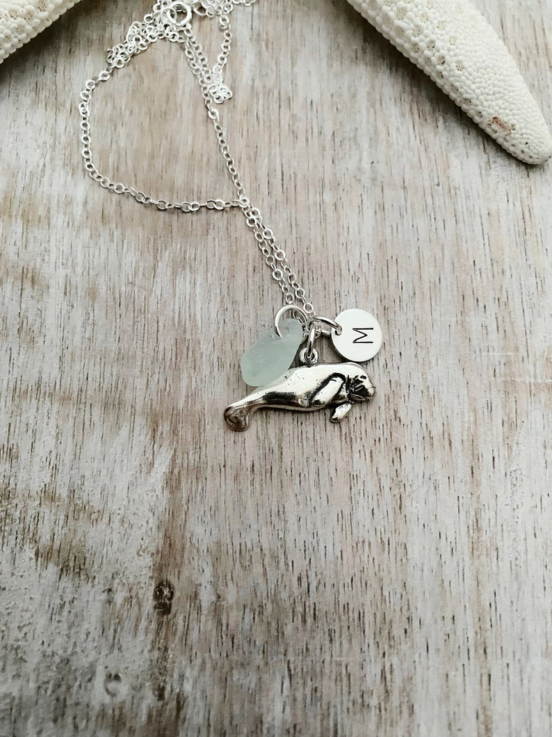 Sterling Silver Manatee Charm necklace with genuine Sea Glass and Personalized custom initial charm, made to order, Gift for beach lover image 4