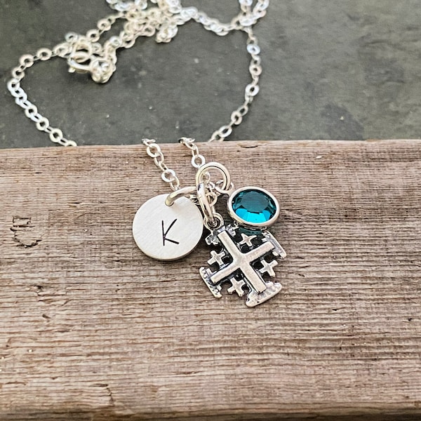 Jerusalem Cross necklace - personalized sterling silver Charm Necklace   crystal birthstone and Initial Charm Made to Order, Faith
