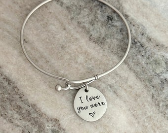 I love you more silver tone bangle bracelet, hook and loop stainless steel bangle with quote disc