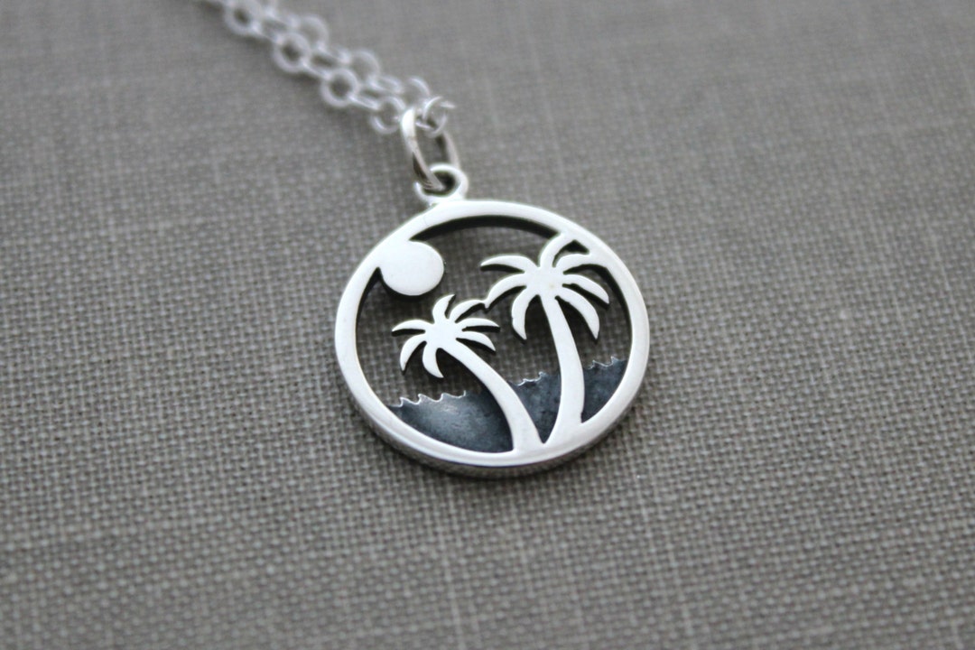 Palm Tree Sun Beach Scene Charm Necklace 925 Sterling Silver - Etsy