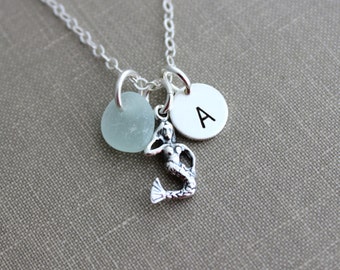 Sterling Silver Mermaid Necklace with genuine Sea glass and Personalized Initial charm disc, Beach Jewelry, Eco Friendly Fashion