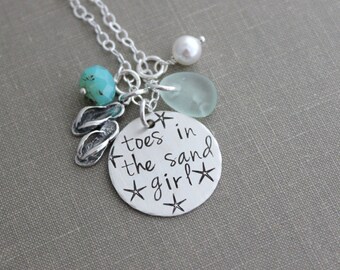 toes in the sand girl, beach quote necklace, hand stamped sterling silver flip flop jewelry, genuine sea glass, Gift for beach lover