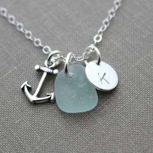 Genuine Sea Glass Jewelry, Sterling Silver Personalized Charm Necklace with Anchor, Seafoam Seaglass and Mini Initial Charm Beach Jewelry