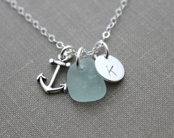 Genuine Sea Glass Jewelry, Sterling Silver Personalized Charm Necklace with Anchor, Seafoam Seaglass and Mini Initial Charm Beach Jewelry