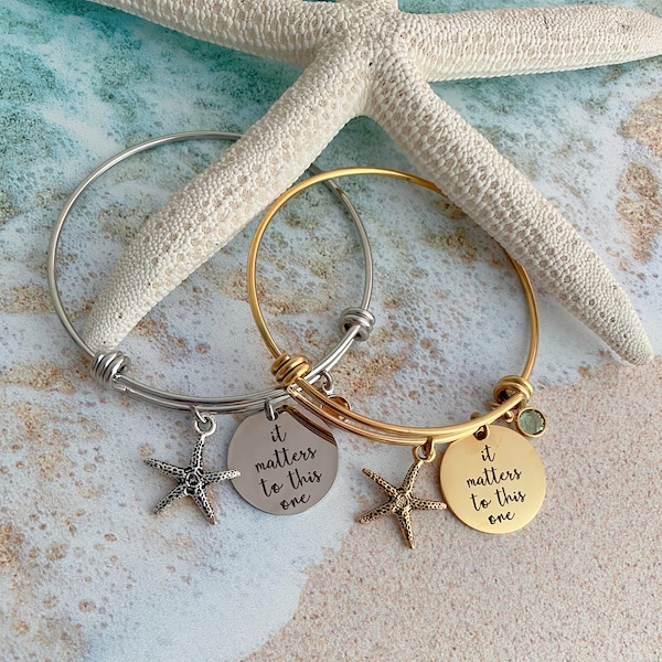 stainless steel starfish bracelet - it matters to this one the starfish story  Teacher gift idea from student with birthstone silver or gold