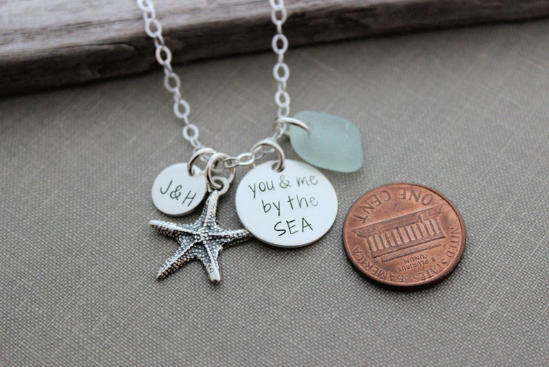 you & me by the SEA sterling silver charm beach necklace genuine sea glass charm of choice personalized initials gift for her image 4