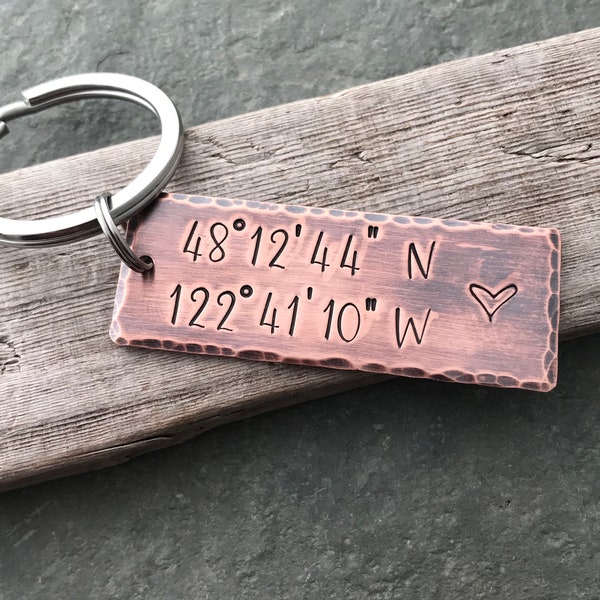GPS Coordinates Keychain - Rustic Copper Keyring -  Gift for husband or boyfriend - custom special location - Place you met - home