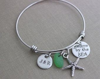 you & me by the sea, stainless steel bangle bracelet with two initials, genuine sea glass and starfish charm, gift for wife, couple jewelry