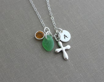 Sterling silver Personalized Puffy Cross Charm Necklace with Genuine Sea Glass and Mini Initial Charm,  Crystal Birthstone - Custom