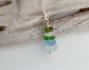 Sea Glass Stack necklace sterling silver, olive green, white, Kelly green, cornflower and seafoam , beach gift for her