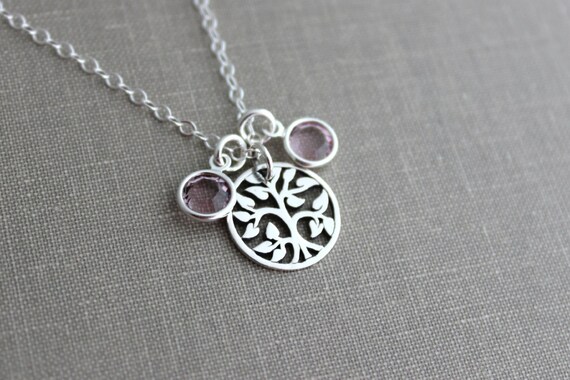 Sterling Silver Engraved Crystal Birthstone Family Tree Pendant Sterling Silver Engraved Crystal Birthstone Family Tree Pendant