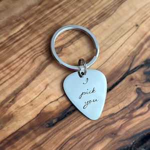 I pick you guitar pick keychain - silver stainless steel  - engraved - gift for him - gift for husband, boyfriend - music lover - cursive