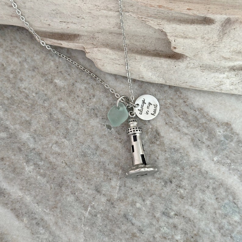 Lighthouse Urn Pendant - Beach Memorial - Stainless Steel with Genuine Sea Glass - always in my heart - Personalized beach urn locket image 4