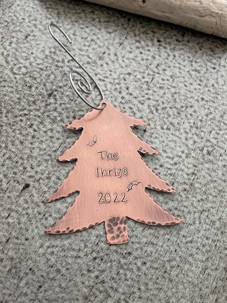 Rustic Copper Christmas Tree Ornament Personalized with Family name and Year Holly design Custom Made to order Gift idea new couple image 1