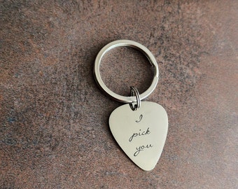 I pick you guitar pick keychain - silver stainless steel  - engraved - gift for him - gift for husband, boyfriend - music lover - cursive