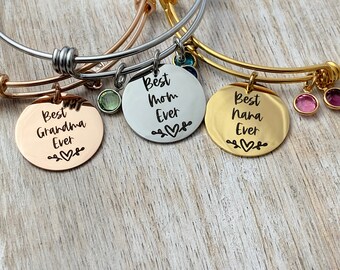 Best Mom Ever bracelet - Personalized with any name  and crystal birthstones rose gold, gold or silver stainless steel bangle bracelet gift