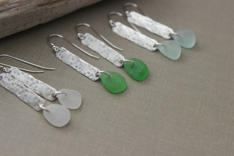 Genuine sea glass earrings sterling silver textured bar earrings beach jewelry choice of color seafoam, green or white hammered bar image 2