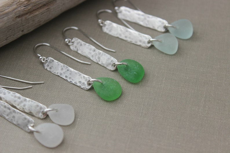 Genuine sea glass earrings sterling silver textured bar earrings beach jewelry choice of color seafoam, green or white hammered bar image 4
