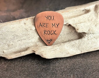 you are my rock, Hand Stamped  Rustic style, Copper Guitar Pick, Playable, Inspirational 24 gauge, Romantic Gift idea for him, punny gift