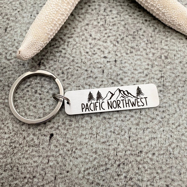 Pacific Northwest Keychain - Stainless steel engraved Bar Key Chain - PNW Trees and Mountains