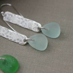 Genuine sea glass earrings sterling silver textured bar earrings beach jewelry choice of color seafoam, green or white hammered bar image 5
