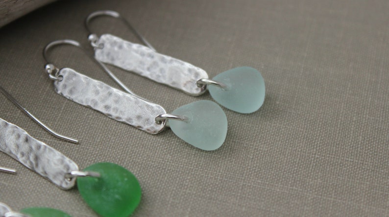 Genuine sea glass earrings sterling silver textured bar earrings beach jewelry choice of color seafoam, green or white hammered bar image 5
