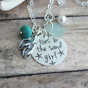 toes in the sand girl, beach quote necklace, hand stamped sterling silver flip flop jewelry, genuine sea glass, Gift for beach lover image 2