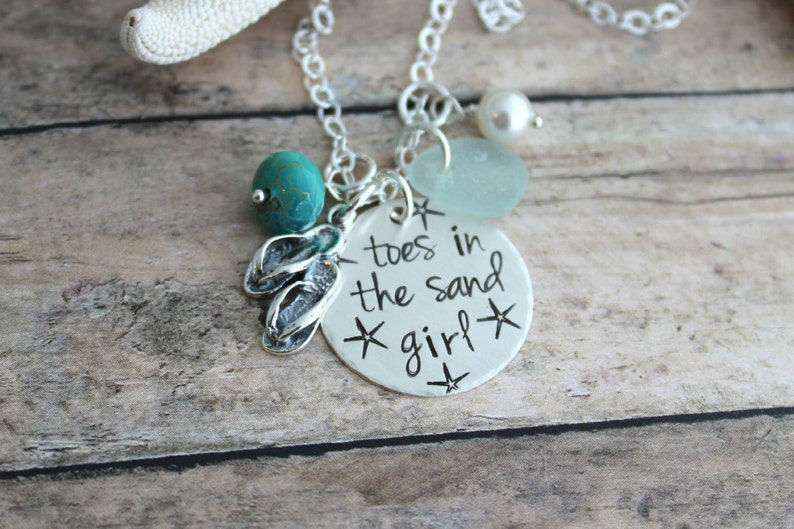 toes in the sand girl, beach quote necklace, hand stamped sterling silver flip flop jewelry, genuine sea glass, Gift for beach lover image 2