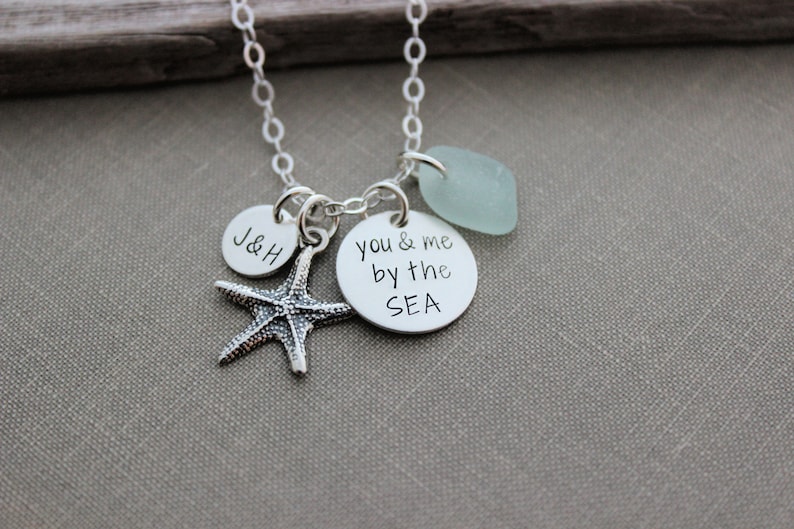 you & me by the SEA sterling silver charm beach necklace genuine sea glass charm of choice personalized initials gift for her image 1