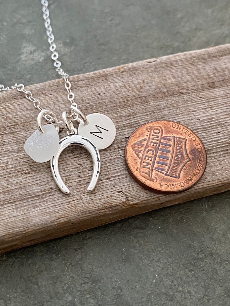 Sterling silver horseshoe - Personalized Charm Necklace with Genuine Sea glass and mini Initial Charm Made to Order Wedding Bridesmaid Gift image 2