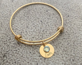 Personalized birthstone charm bracelet - name bracelet - gold stainless steel bangle bracelet - personalized gift